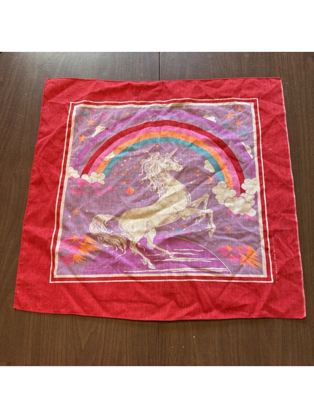 Vintage 80s Colorful Unicorn Handkerchief Bandana Stars Rainbow Scarf USA